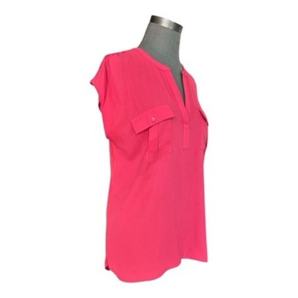 Ann Taylor Factory Pink Split-Neck Utility Blouse Cap Sleeve Pockets Womens Sz L - Picture 4 of 6